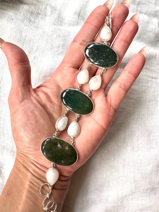 Jewelry - 925 Earth Stone MOSS AGATE + Rainbow Moonstone Bracelet 7”-8.5”